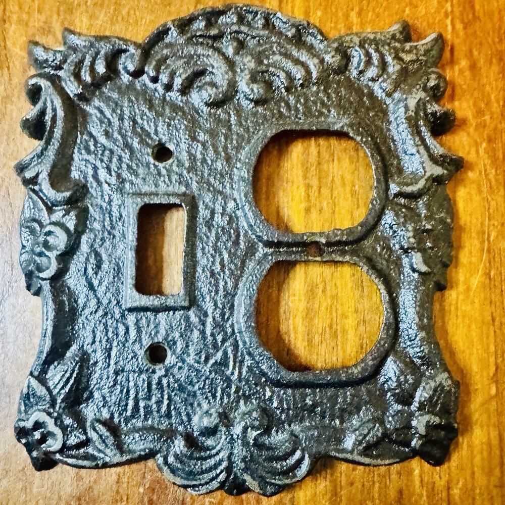 Vintage Gothic Revival Cast Iron Electrical Outlet Switch Plate Ornate 5”